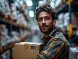 ai generado un indio hombre embalaje un caja. un hombre vistiendo trabajo atuendo sostiene un caja en un ocupado depósito, cuidadosamente examinando sus contenido y actualización el inventario. foto