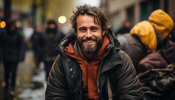 ai generado un sonriente hombre caminando en el lluvia, disfrutando naturaleza abrazo generado por ai foto