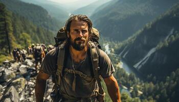 ai generado un hombre excursionismo en naturaleza, explorador montañas, mochilero con aventuras generado por ai foto