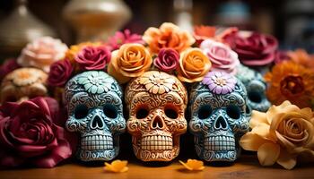 AI generated Day of the Dead celebration colorful skulls on wooden table generated by AI photo