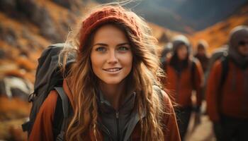 ai generado joven mujer excursionismo en el otoño bosque, sonriente y mirando a cámara generado por ai foto