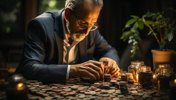 AI generated Senior businessman sitting at table, concentrating on strategy for success generated by AI photo