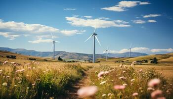 AI generated Wind turbines spinning in the blue sky generate alternative energy generated by AI photo