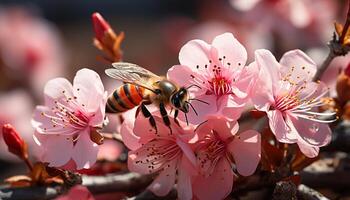 AI generated Busy bee pollinating a pink blossom in a sunny orchard generated by AI photo