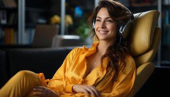 AI generated Young woman sitting on sofa, smiling, wearing headphones, enjoying relaxation generated by AI photo