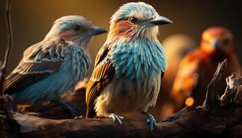 AI generated Two small birds perching on a branch in a tropical forest generated by AI photo