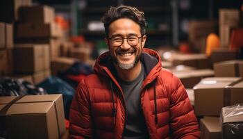 AI generated One man smiling, working indoors, delivering packages in a warehouse generated by AI photo
