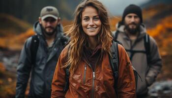 ai generado joven adultos excursionismo en el bosque, sonriente y disfrutando naturaleza generado por ai foto