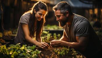 AI generated Young adults bonding outdoors, planting and enjoying nature together generated by AI photo