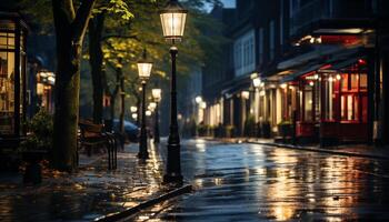 AI generated Nighttime city street illuminated by lanterns and street lights generated by AI photo