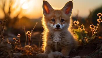 AI generated Cute puppy sitting in grass, looking at sunset, playful generated by AI photo