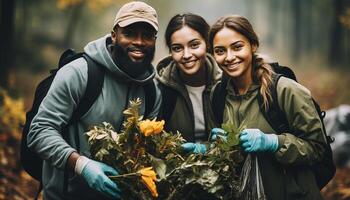 ai generado grupo de sonriente hombres y mujer excursionismo en naturaleza juntos generado por ai foto