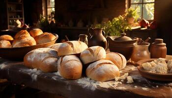 AI generated Freshly baked bread on rustic wooden table, homemade with love generated by AI photo