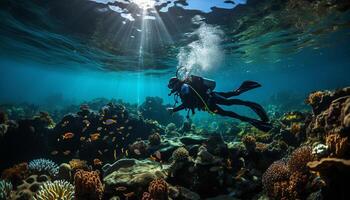 ai generado hombres buceo dentro submarino aventura, explorador naturaleza profundo azul arrecife generado por ai foto