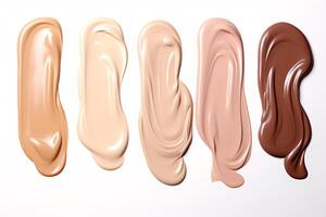 AI generated Isolated beige concealer smears of makeup liquid-tone cream or foundation set on a white backdrop. photo