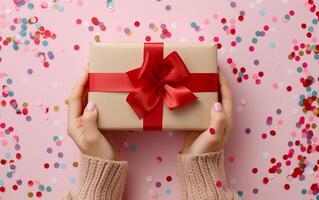 AI generated Woman hands holding birthday gift box with red bow on pastel pink background photo