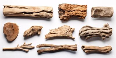 AI generated Assorted driftwood on white backdrop. Standalone. Clipped. photo