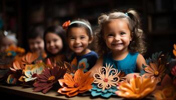 ai generado sonriente chicas, alegre infancia, linda flor, alegre niños jugando generado por ai foto