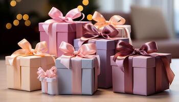 AI generated A stack of wrapped gift boxes, colorful and elegant generated by AI photo