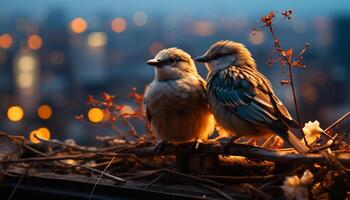 ai generado un linda pájaro encaramado en un rama, iluminado por puesta de sol generado por ai foto