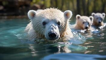 AI generated Cute bear cub swimming in icy pond, looking at camera generated by AI photo