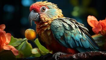 AI generated A cute macaw perching on a branch, vibrant feathers shining generated by AI photo