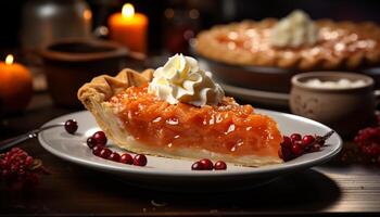 AI generated Homemade berry pie on rustic table, a sweet autumn celebration generated by AI photo