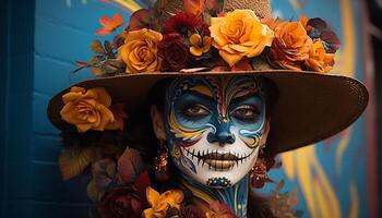 AI generated Smiling women celebrate Halloween with colorful Day of the Dead costumes generated by AI photo