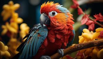 AI generated Vibrant macaw perched on branch, showcasing nature colorful beauty generated by AI photo