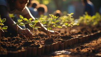 AI generated Young adult holding a fresh seedling, planting new life in nature generated by AI photo