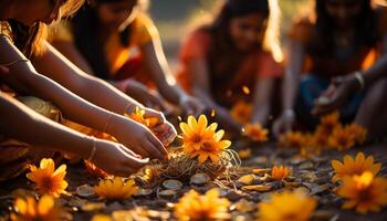 AI generated Group of people enjoying nature, smiling and holding flowers together generated by AI photo