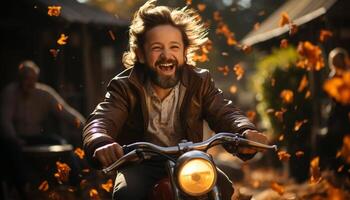 ai generado un alegre hombre en un motocicleta disfruta el otoño noche generado por ai foto