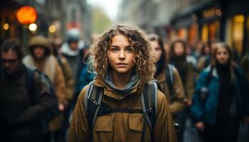 ai generado joven adultos caminando en el ciudad, sonriente, mirando a cámara generado por ai foto