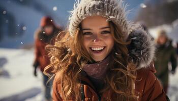 AI generated Smiling young woman in winter, enjoying outdoors with happiness generated by AI photo