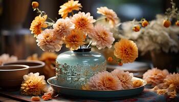 AI generated Freshness and beauty of nature in a rustic wooden vase generated by AI photo