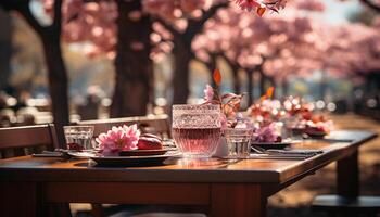 AI generated Fresh gourmet meal outdoors, nature decoration, wineglass on wooden table generated by AI photo