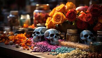 AI generated A spooky Halloween table decoration skull, candle, flower, pumpkin generated by AI photo