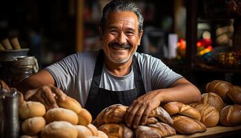 ai generado sonriente adulto panadero, confidente y alegre, en pie en Tienda generado por ai foto