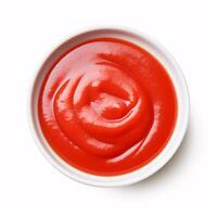 AI generated A delectable helping of tomato sauce in a pristine bowl is part of a gathering of various condiments. photo