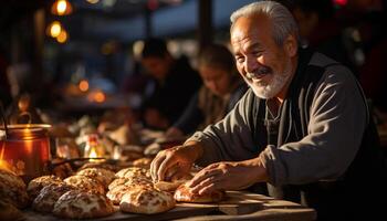 AI generated Senior men and women preparing homemade meal, enjoying family togetherness generated by AI photo