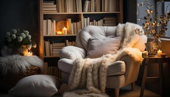 AI generated Cozy winter living room, illuminated by electric lamp and fireplace generated by AI photo