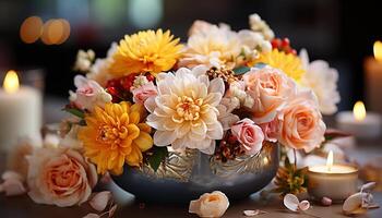 AI generated A vibrant bouquet of multi colored flowers brings beauty indoors generated by AI photo