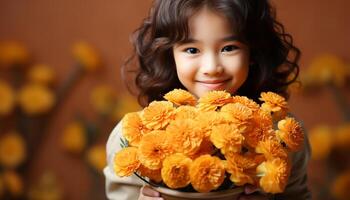 ai generado sonriente niño sostiene linda flor, radiante felicidad y inocencia generado por ai foto