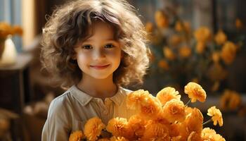 ai generado sonriente niño, alegre felicidad, linda caucásico niña disfrutando naturaleza generado por ai foto