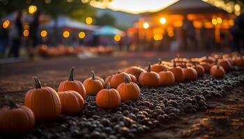 AI generated Autumn night, outdoors celebration pumpkin lanterns illuminate spooky Halloween generated by AI photo