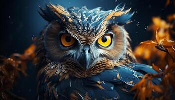 AI generated Great horned owl, perched on branch, staring into camera generated by AI photo