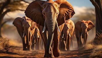 AI generated Elephants walking in a row, standing in tranquil African sunset generated by AI photo