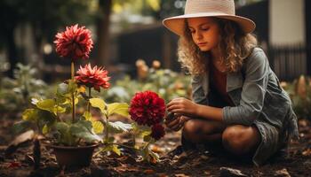 AI generated One woman sitting outdoors, smiling, holding a flower pot, enjoying gardening generated by AI photo