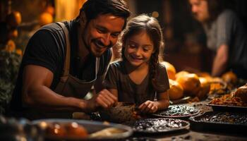 ai generado padre y hija cocinando, unión, disfrutando un comida al aire libre generado por ai foto