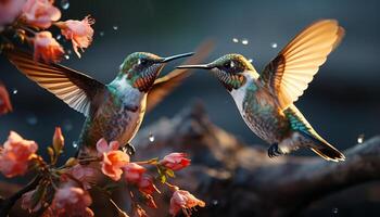 ai generado colibrí flotando, extensión alas, polinizando flores en vibrante naturaleza generado por ai foto